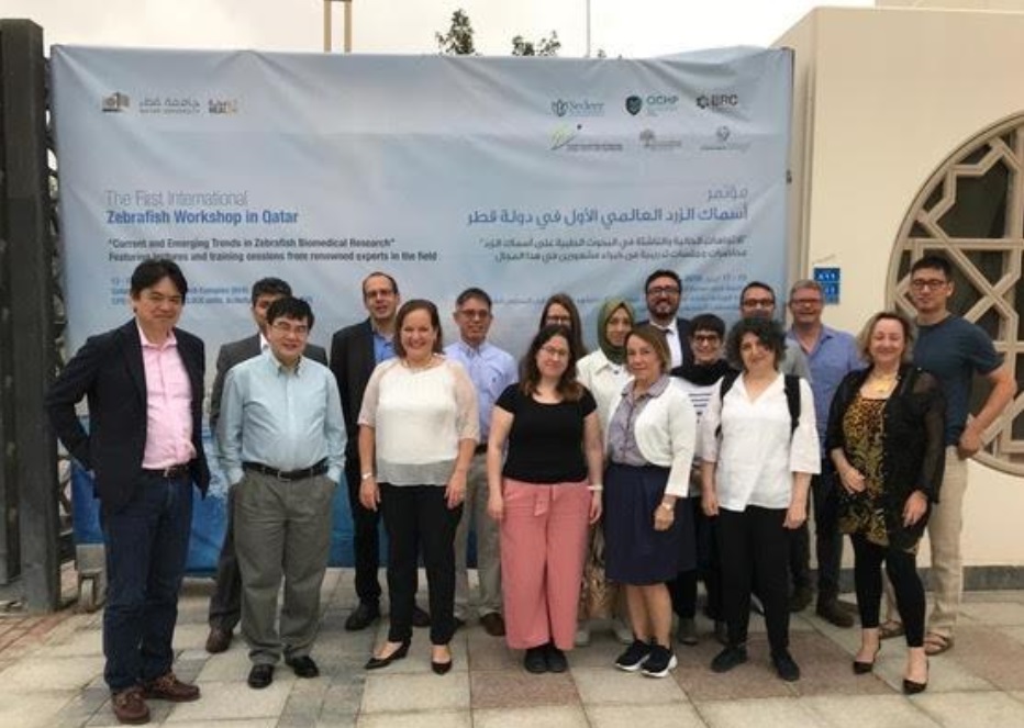 Figure1: Arrival of the International Speakers to Qatar University. Picture was taken at the main gate of Qatar University. Fromthe left front row: Prof. Kawakami, Prof. Zhiyuan, Dr. Edepli, Ms. Yaylacioglu, Prof. Dincer, Dr. Konu, Prof. Nieto. From the left back row: Prof. Ramchandran, Prof. Stainier, Dr. Chen, Dr. Busch, Ms. Keskus, Dr. Yalcin, Dr. Farmer, Mr. Demirler, Dr. Fuss, Dr. Zhang.